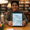 A person colouring the First World War coloring book on an iPad