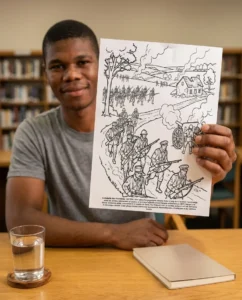 A person colouring a printed page from the First World War coloring book