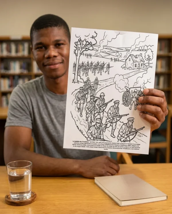 A person colouring a printed page from the First World War coloring book