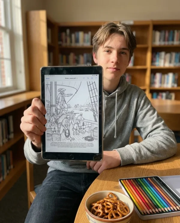 Una persona coloreando el libro de colorear Historia de los Piratas en un iPad