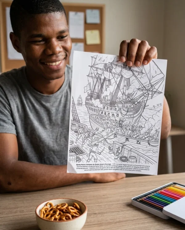 Una persona coloreando una pagina impresa del libro de colorear Historia de los Piratas