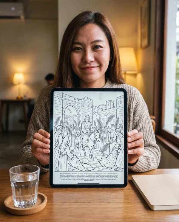 Une personne colorie le livre de coloriage Jésus-Christ sur un iPad