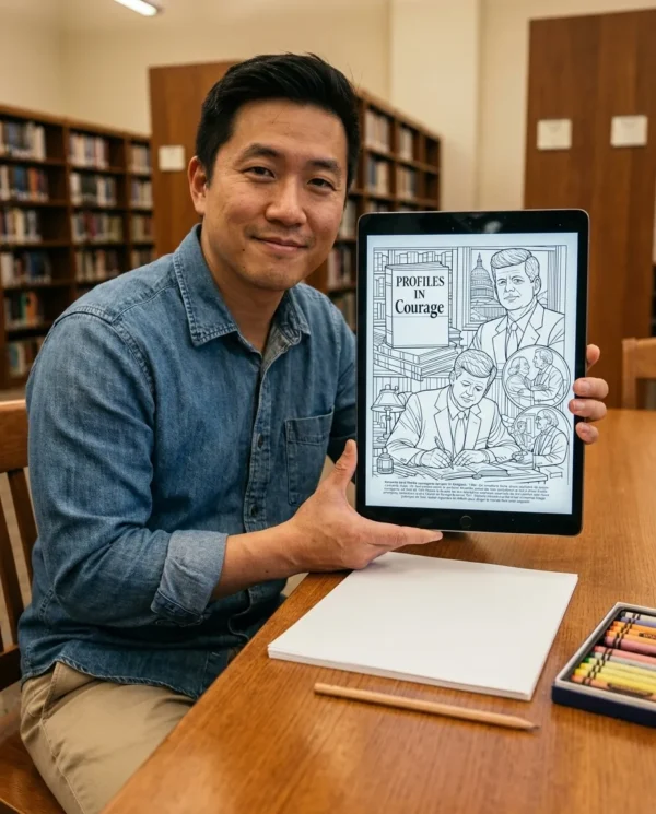 John F. Kennedy — person ipad (en) A person colouring the John F. Kennedy coloring book on an iPad