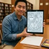 Une personne colorie le livre de coloriage John Kennedy sur un iPad
