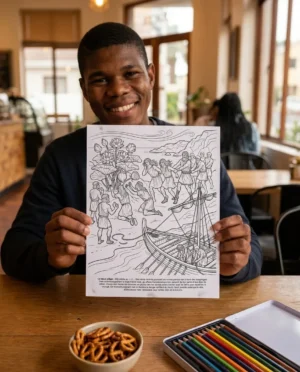 Une personne colorie une page imprimee du livre de coloriage L'Odyssee