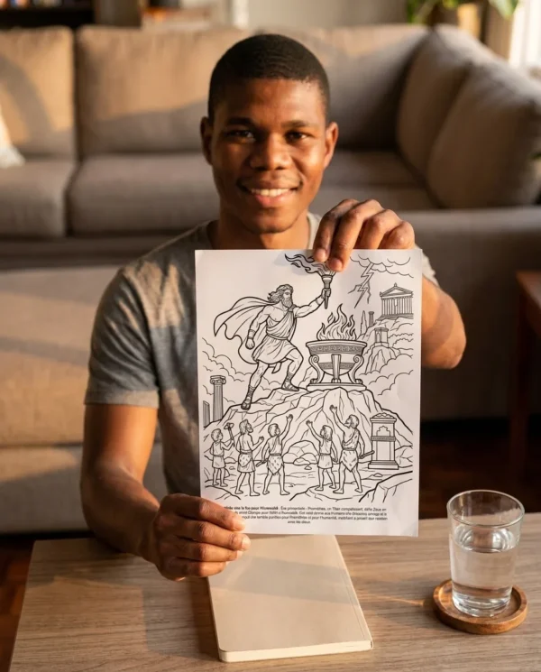 Una persona coloreando una pagina impresa del libro de colorear La Mitologia Griega
