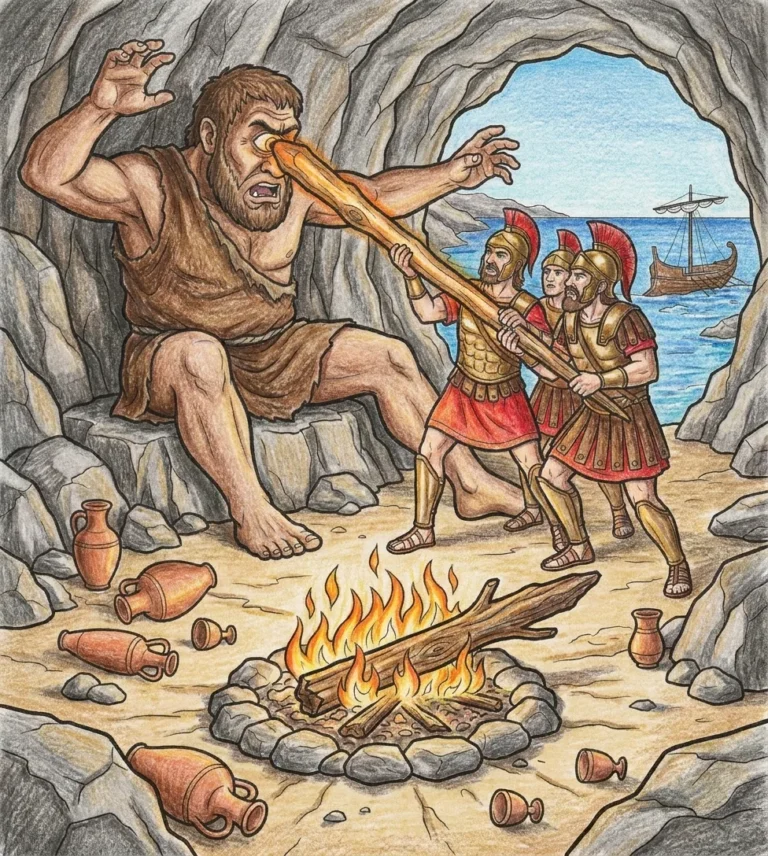 Una pagina del libro de colorear La Odissea terminada en lapiz de color