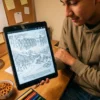 Une personne colorie le livre de coloriage La Révolution Américaine sur un iPad