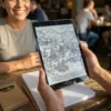 A person colouring the Landscapes of Patagonia coloring book on an iPad
