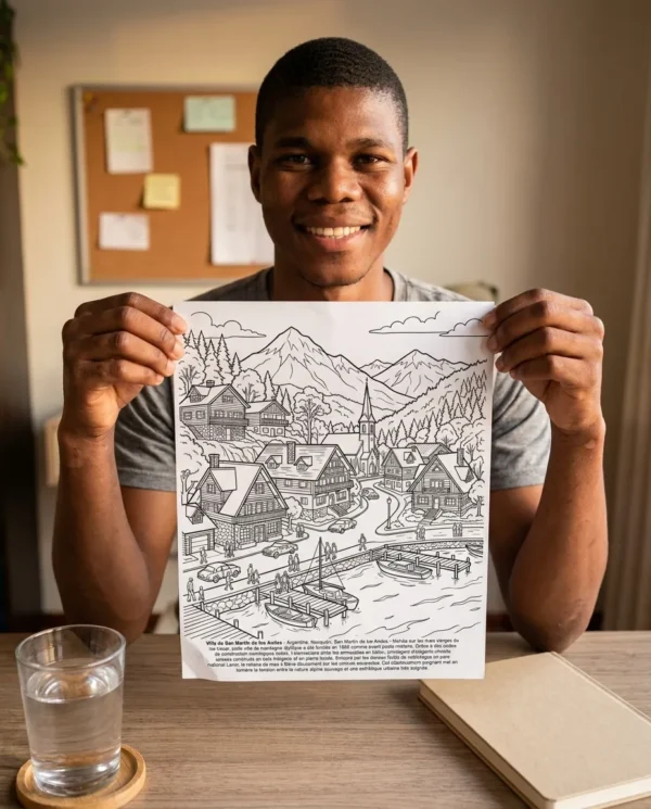 A person colouring a printed page from the Landscapes of Patagonia coloring book