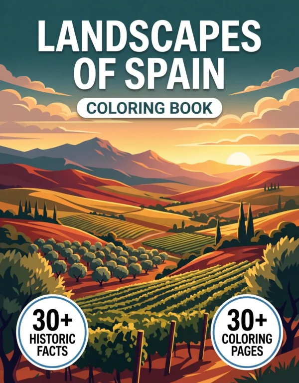 Landscapes of Spain — front cover (en) Landscapes of Spain coloring book front cover