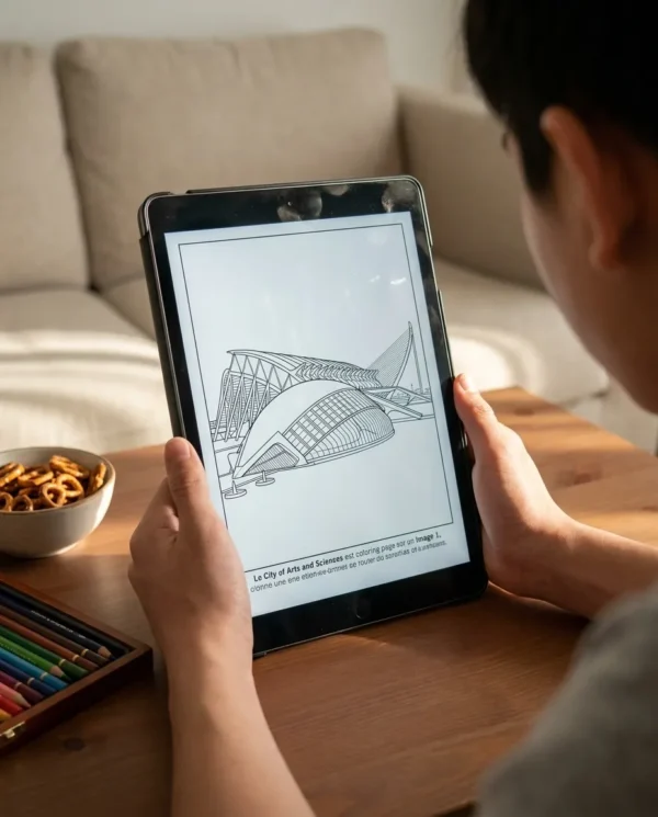 Landscapes of Spain — person ipad (en) A person colouring the Landscapes of Spain coloring book on an iPad