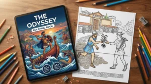 The The Odyssey coloring book PDF open on an iPad
