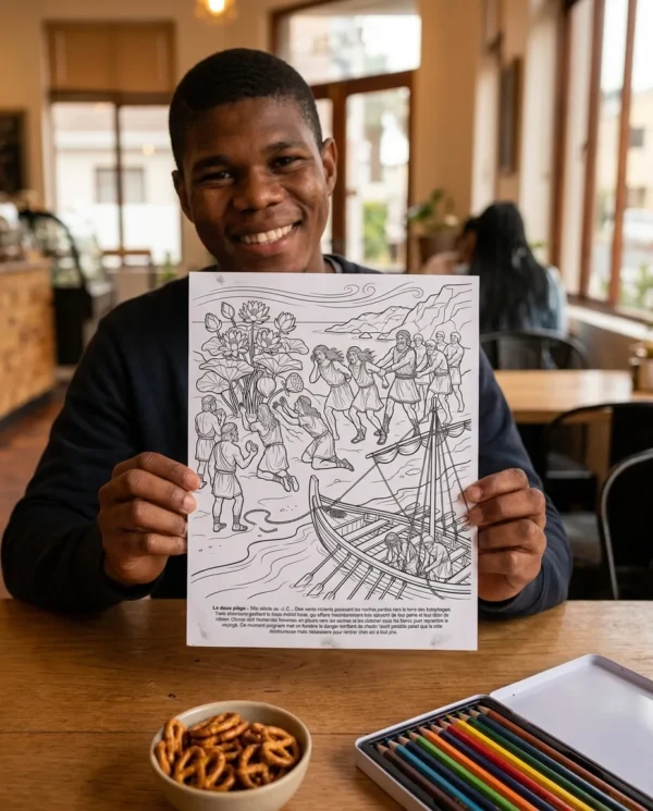 A person colouring a printed page from the The Odyssey coloring book