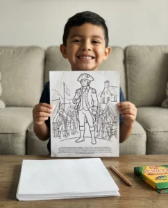 A person colouring a printed page from the The Revolution War coloring book