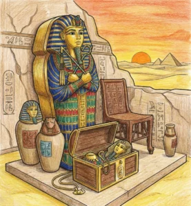 A Tutankhamun coloring book page finished in coloured pencil