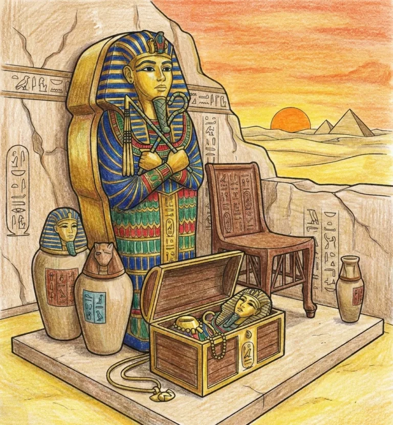 A Tutankhamun coloring book page finished in coloured pencil