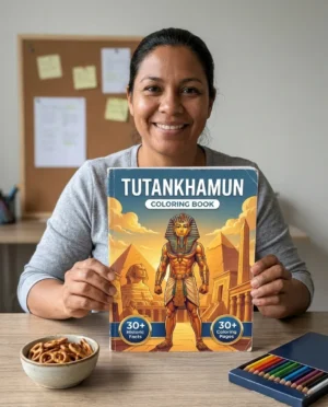 A person colouring a page from the Tutankhamun coloring book