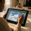 A person colouring the Jet Fighters coloring book on an iPad