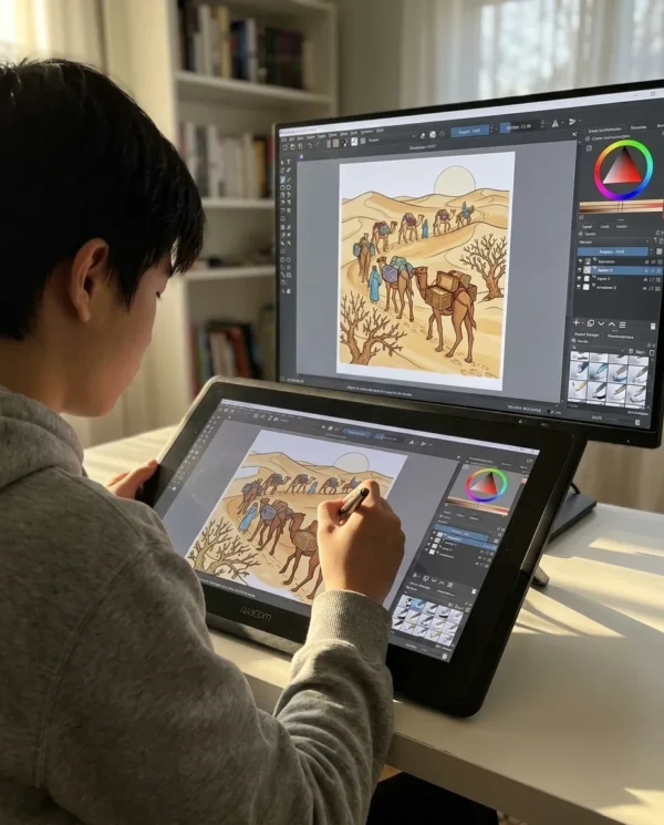 Une personne colorie le livre de coloriage L'Histoire de la Nativité de Noël sur un iPad