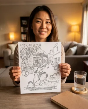 Une personne colorie une page imprimee du livre de coloriage L'Histoire de la Nativité de Noël