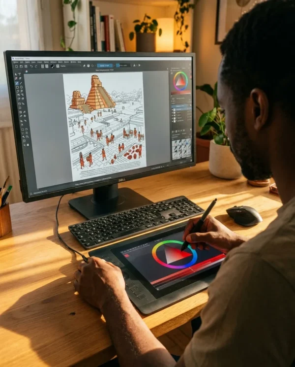 Une personne colorie le livre de coloriage La Civilisation Maya sur un iPad