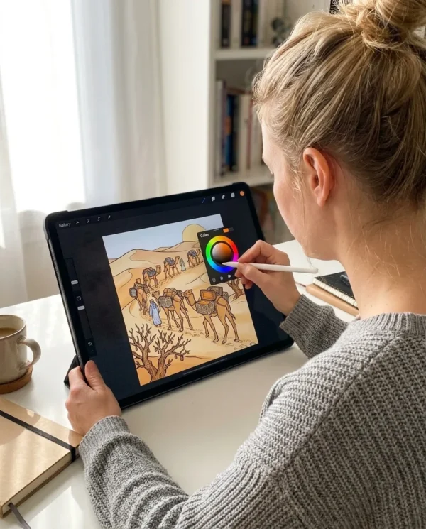 A person colouring the The Christmas Nativity Story coloring book on an iPad