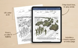 World War II coloring book PDF edition features shown on an iPad