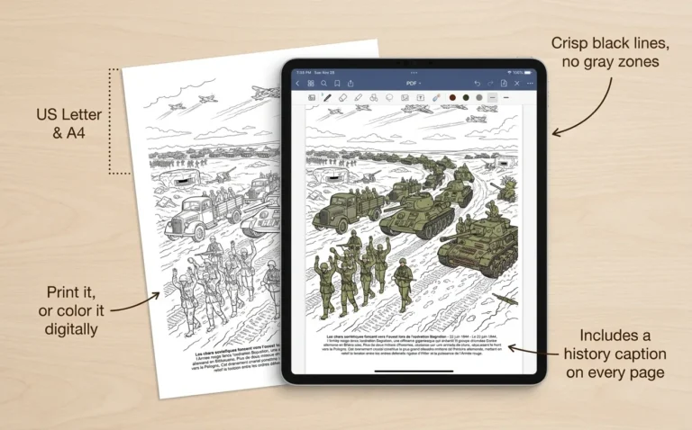 World War II coloring book PDF edition features shown on an iPad