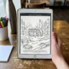 A person colouring the World War II coloring book on an iPad