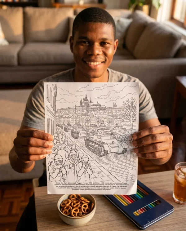 A person colouring a printed page from the World War II coloring book